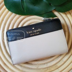 MEDIUM COMPACT BIFOLD WALLET KATE SPADE STACI COLORBLOCK WARM BEIGE BLACK BRAND